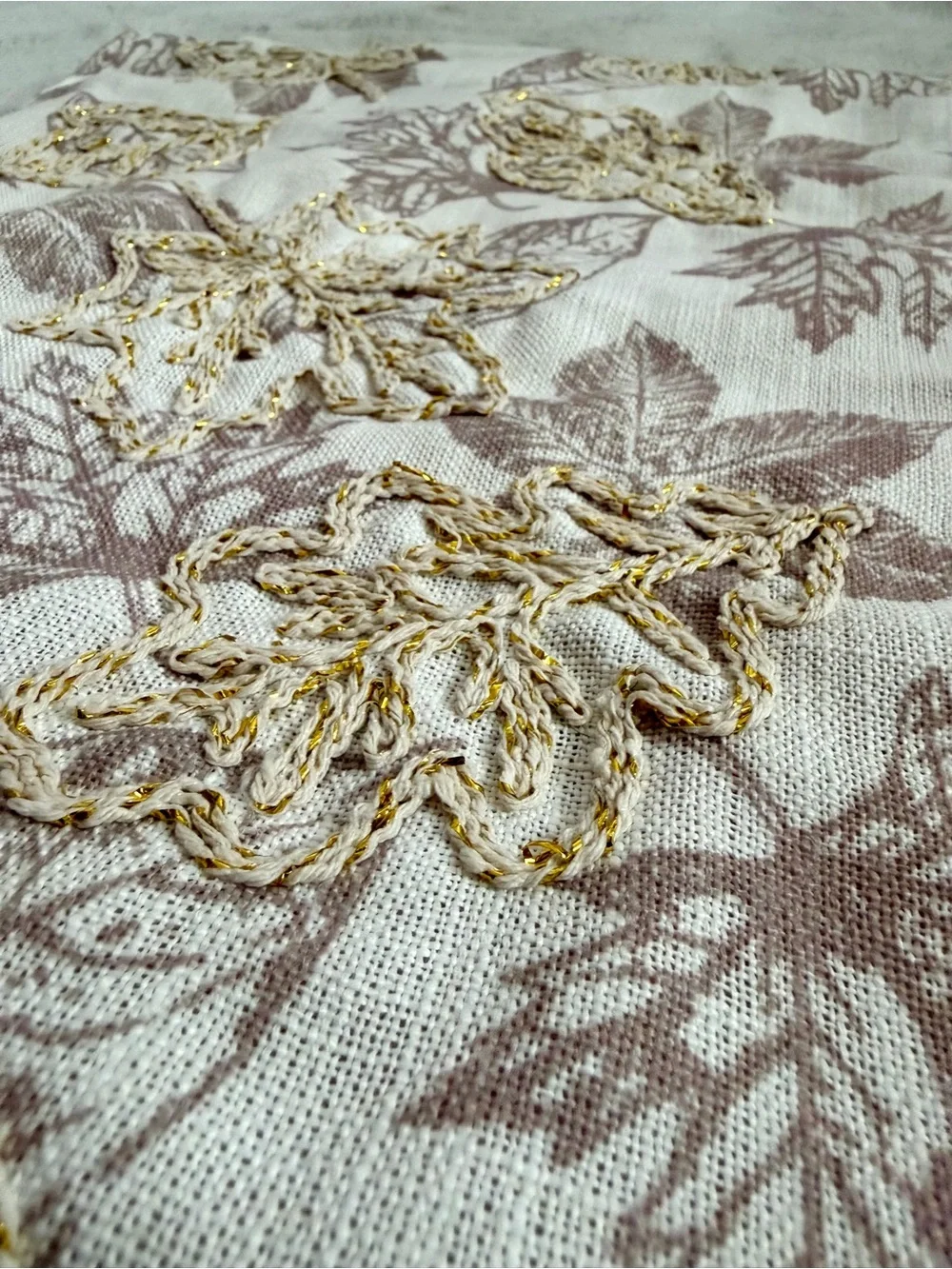 Embroidered Gold Metallic Autumn Maple Leaf Table Runner Linen Blend 70x14”